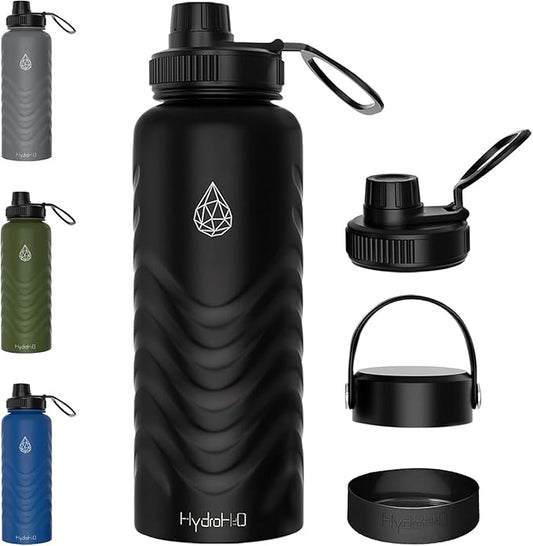 24oz Stainless Steel Insulated Water Bottle, 48H Cold & 24H Hot, Leak-Proof Wide Mouth Lids (Straw & Spout), BPA-Free Bottles, Mens Water Bottle for Gym, Hiking, Travel - Black