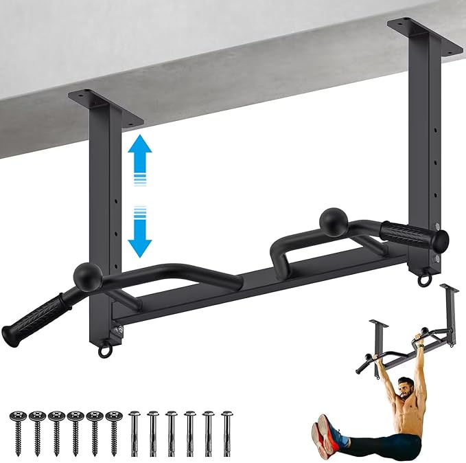 Kipika 32" Ceiling Mounted Pull Up Bar - Heavy Duty, Highly Adjustable, Multifunctional Chin Up Bar - Home Gym System with Punching Bag Hanger and Resistance Bands Training