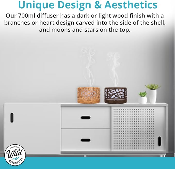 Wild Essentials 700ml Designer Large Room Essential Oil Diffuser, 5 in 1 Ultrasonic Aromatherapy Vaporizer Cool Mist Humidifier, Home, Office, Bedroom, Timer, Auto-Off, 7 Color LED (Wood and White)