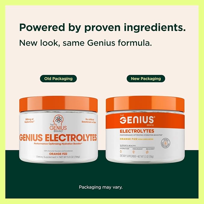 Genius Electrolytes Powder Drink Mix, Orange Fizz, 30 Servings - Natural Hydration Booster & Endurance Supplement with Potassium, Magnesium & Zinc - Sugar Free & No Artificial Sweeteners or Dyes