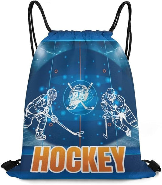 Hockey Drawstring Backpack - Cool Cinch Sack, String Backpacks for Kids Women Men Boys Girls for Gym Outdoor Sports Travel Athletic Drawstring Bag - Lightweight/Foldable