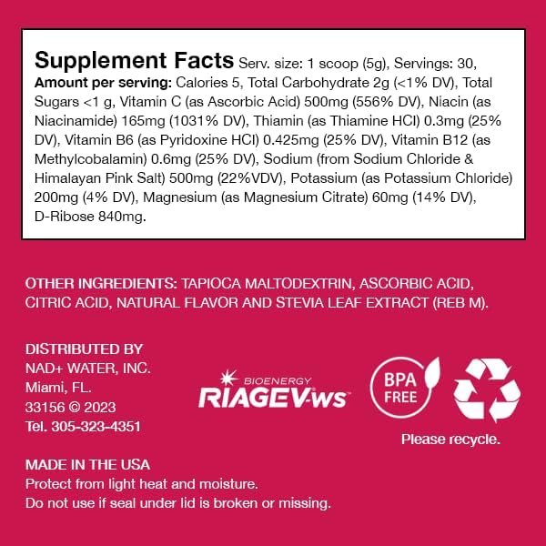 NAD+ Electrolyte Powder - Dragonfruit Flavor - Cellular Hydration & Healthy Aging Support - Only 5 Calories, No Added Sugar, Non-GMO - Essential Electrolytes & Vitamins - 30 Servings