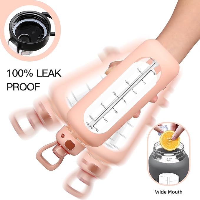 SIEROZUR 32 Glass Water Bottle with Straw and Handle Motivational Water Bottles with Silicone Sleeve and Time Marker Leakproof Borosilicate Water Bottle for Gym Home Office