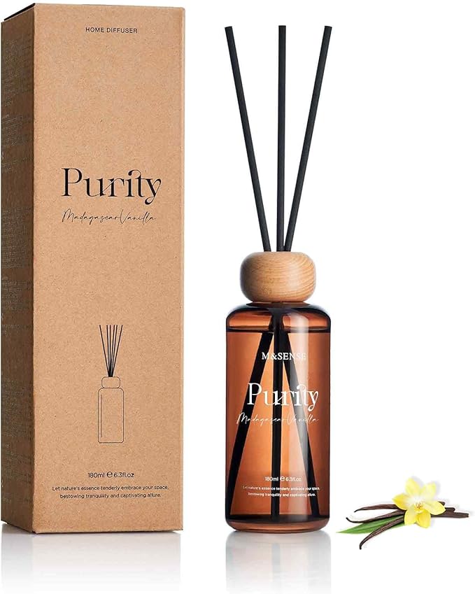 M&SENSE Madagascar Vanilla Reed Diffuser Set: 6.3 fl oz Non-Toxic Aroma Set with Sticks, Long-Lasting Natural Essential Oil Gifts for Bedroom, Shelf Decor & Small Spaces