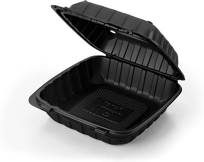 KARAT EARTH Clamshell Take Out Food Containers [8"x8" - 200 ct] To Go Containers | 3 Compartment, Soak-Resistant, Durable, Stackable | Vented for Hot/Cold Foods, Black