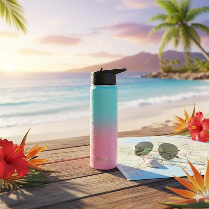 Travel Water Bottle with 3 Lids (Spout, Straw, Flip) Leak Proof, Quality, Vacuum Insulated, Stainless Steel (Hydrangea, 22 oz)