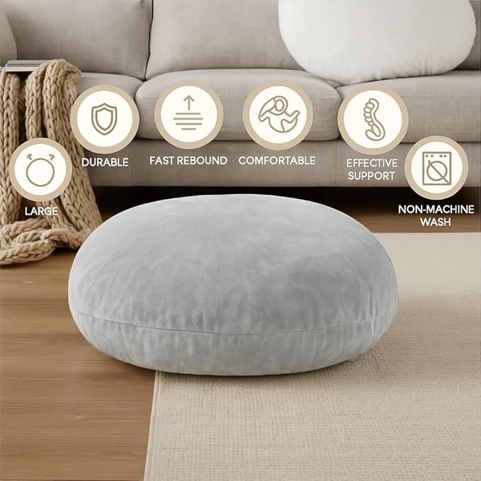 Codi Large Meditation Cushions – Round Floor Pillows for Adults with Removable Washable Cover, Soft and Supportive Floor Cushion for Yoga, Seating and Dog Bed, 32 inch - Grey
