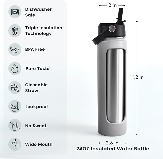 24oz Insulated Travel Water Bottle - Stainless Steel, Leakproof - Keep Hot for 12hrs & Cold for 30hrs - for Outdoors, Sports, Bike, Gym, Marathon - Gift for Women, Men (Gray)