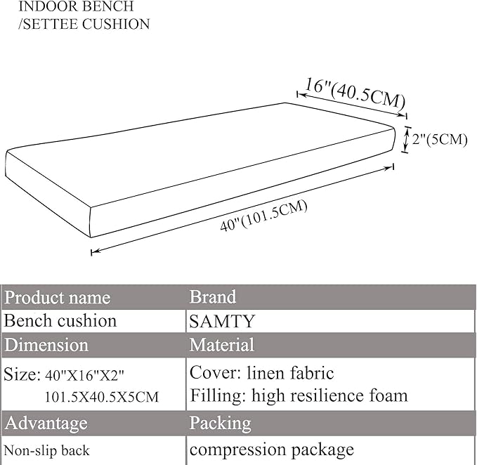 Bench Seat Memory Foam Chair Pads Non-Slip Rubber Back Indoor Swing/Settee Cushion 40 x 16 inch, Khaki