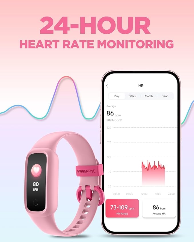 BIGGERFIVE Vigor 2 L Kids Fitness Tracker Watch for Boys Girls Ages 5-15, Activity Tracker, Heart Rate Sleep Monitor, IP68 Waterproof, Pedometer, Calorie Step Counter Watch, Pink