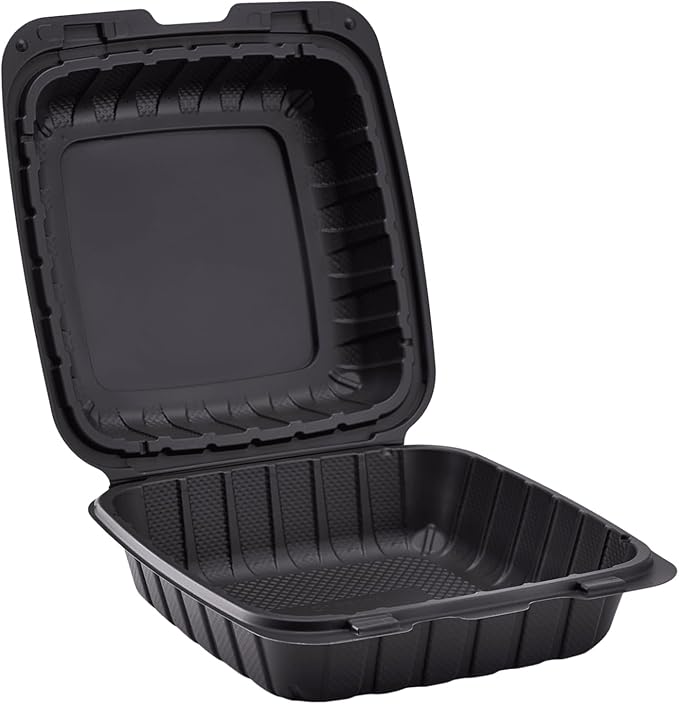 KARAT EARTH Clamshell Take Out Food Containers [8"x8" - 200 ct] To Go Containers | Microwavable, Freezer Safe, Soak-Resistant, Durable, Stackable | Vented for Hot/Cold Foods, Black