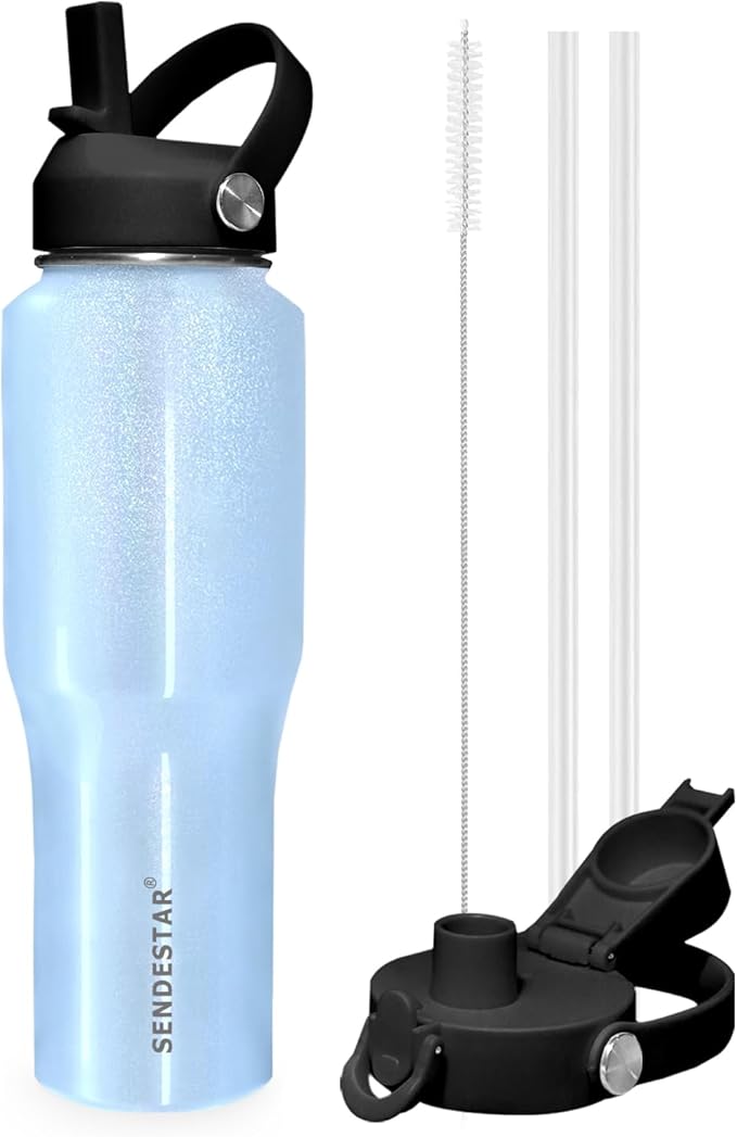 SENDESTAR 40oz Stainless Steel Water Bottle(Cold for 48 Hrs, Hot for 24 Hrs),Double Wall Vacuum Insulated Bottle with Straw Lid, Spout Lid and Flex Cap, Fit in Any Car Cup Holder TXIN-40-Laser Blue