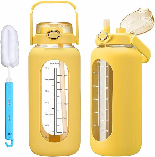 42oz/52oz/64oz Glass Water Bolttles with Straw Half Gallon Large Motivational Water Bottle with Time Marker Sports Water Bottles with Silicone Sleeve and Handle Lid Water Jug for Gym Workout