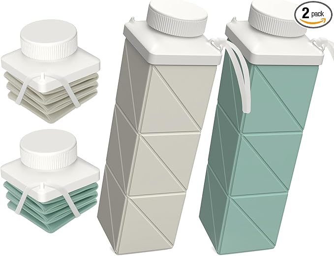 Collapsible Water Bottles 720ml 24.3oz, Foldable Portable Water Bottle, Lightweight Reusable Leakproof for Travel Camping Hiking Cycling Sports Outdoor School Office, 2 Pack, Starlight+Green