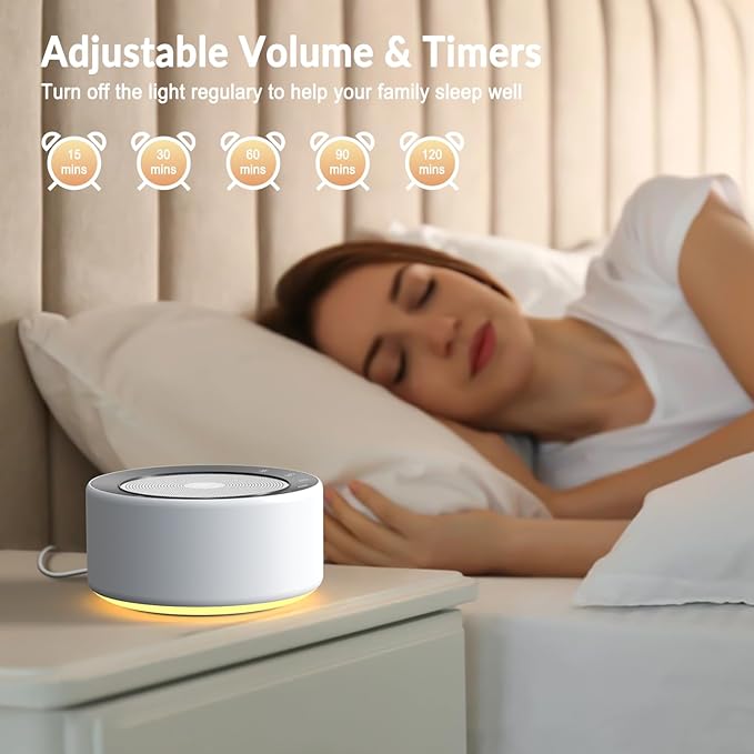 Kipcush White Noise Sound Machine with Nursery Lamp, Mood Lighting, 7 Colour Night Light, 30 Soothing Sounds for Baby/Adult. Timer, Plug in, Memory Function, Touch Control