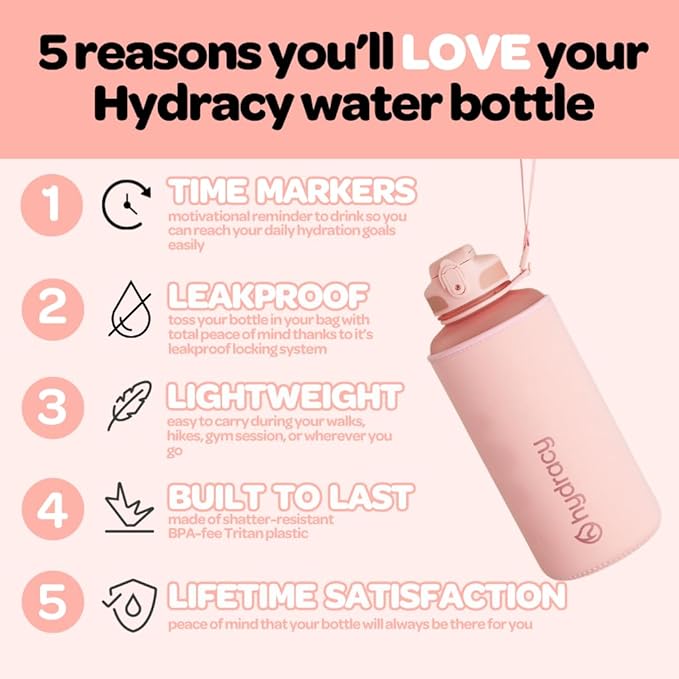 Hydracy Water Bottle with Time Marker -Large BPA Free Water Bottle & No Sweat Sleeve -Leak Proof Gym Bottle with Fruit Infuser Strainer & Times to Drink -Ideal for Fitness Sports & Outdoors