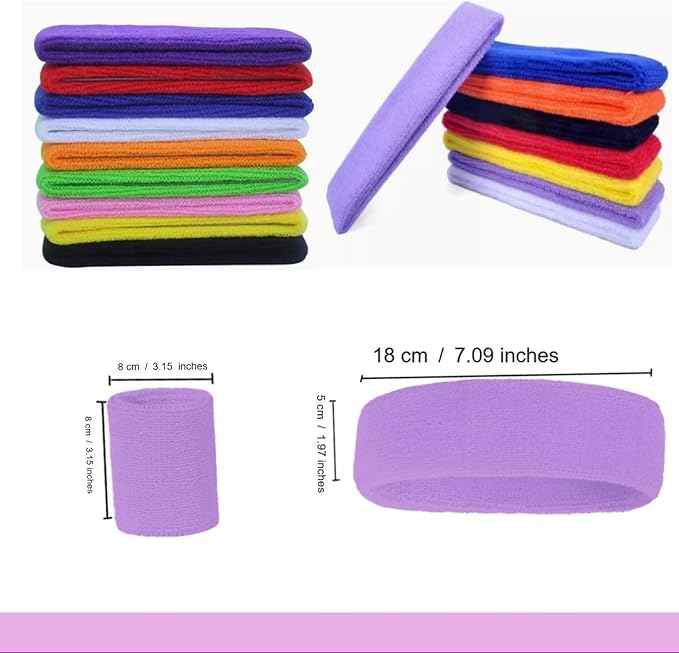 24 Pcs Neon Sweatbands Set Include 8 Pcs Sports Headband and 16 Pcs Cotton Wristbands 80s Neon Sweat Bands Bulk for Gym, Tennis, Basketball, Running, Exercise