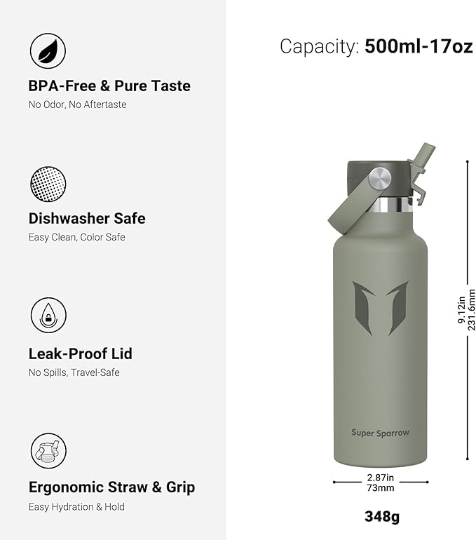 Super Sparrow Insulated Water Bottle - 17 Oz / 25 Oz / 32 Oz - Standard Mouth FlipFlow Flask - BPA Free, Leak Proof Drink Bottle- Ergonomic Straw Water Bottles for Work, Gym, Travel, Sports