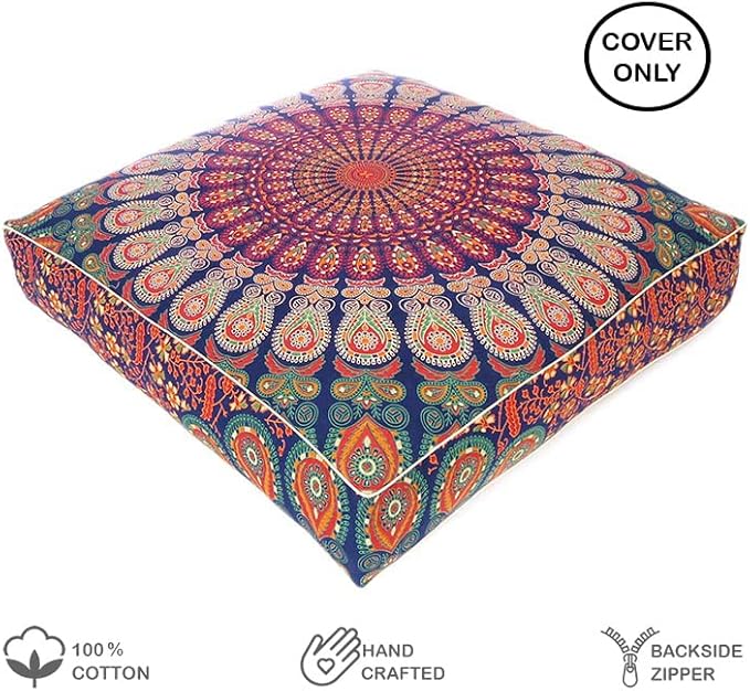 Eyes of India - Mandala Floor Pillow Cover Meditation Cushion Seating Throw Hippie Round Colorful Decorative Bohemian Indian Pouf Ottoman Handmade Cover ONLY (Dark Blue-2, 35" x 35")
