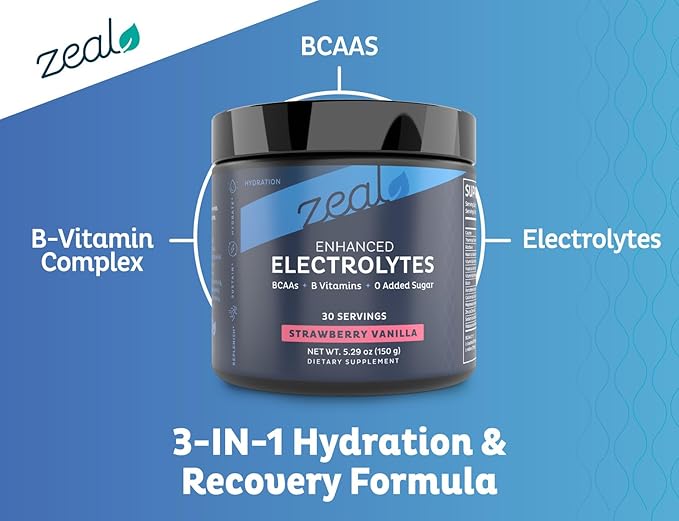 Zeal Electrolyte Powder Recovery Drink (30 Servings | Strawberry Vanilla) w 0 Sugar +BCAAs +B-Vitamins Electrolyte Supplement w Potassium Zinc & Magnesium for Hydration - Keto Electrolytes