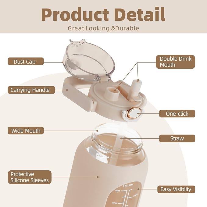 SIEROZUR 74oz Glass Water Bottle with Straw and Lid Large Gallon Water Jug with Silicone Sleeve and Handle 2.2 liter Wide Mouth Bottle with Time Marker for Gym Sports& Workout