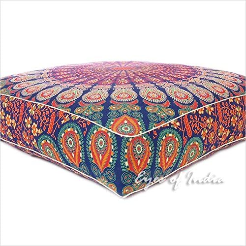 Eyes of India - Mandala Floor Pillow Cover Meditation Cushion Seating Throw Hippie Round Colorful Decorative Bohemian Indian Pouf Ottoman Handmade Cover ONLY (Dark Blue-2, 35" x 35")