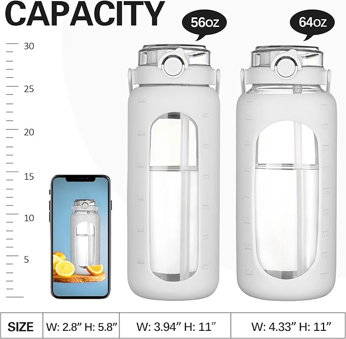 BLUEGO 64oz Glass Water Bottles with Straw Time Marker Half Gallon Large Motivational Water Bottle with Silicone Sleeve 2 Liter Large Glass Water Jug for Gym, Sports& Workout, Daily, White