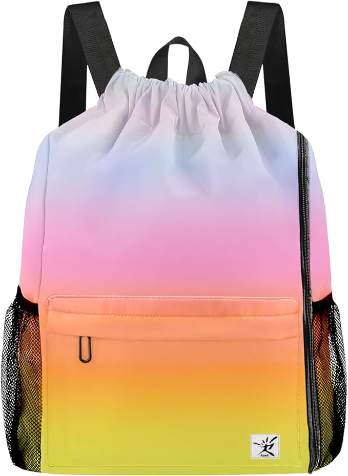 Drawstring Backpack with Mesh Pockets String Gym Bag Sackpack Sandproof Water Resistant Beach Backpack for Men Women