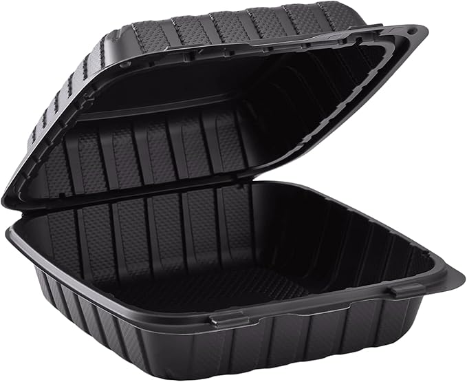 KARAT EARTH Clamshell Take Out Food Containers [8"x8" - 200 ct] To Go Containers | Microwavable, Freezer Safe, Soak-Resistant, Durable, Stackable | Vented for Hot/Cold Foods, Black