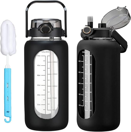 64oz Glass Water Bolttles with Straw Half Gallon Large Motivational Water Bottle with Time Marker Sports Water Bottles with Silicone Sleeve and Handle Lid Water Jug for Gym Workout