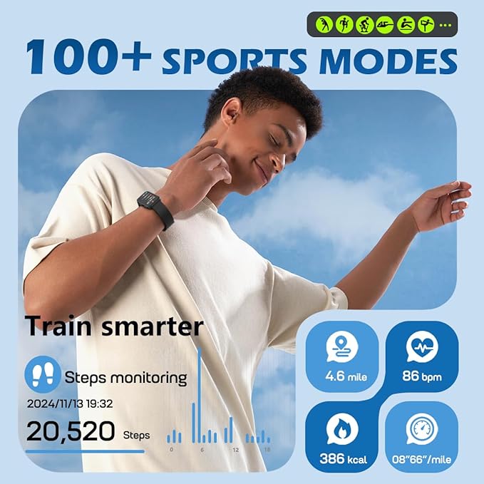 MorePro Health Fitness Tracker with Blood oxy-gen Monitor and 24/7 Heart Rate and Blood Pressure, Sleep Monitor, 120+ Sport Modes Waterproof Fitness Watch for Women Men Android iOS, Black