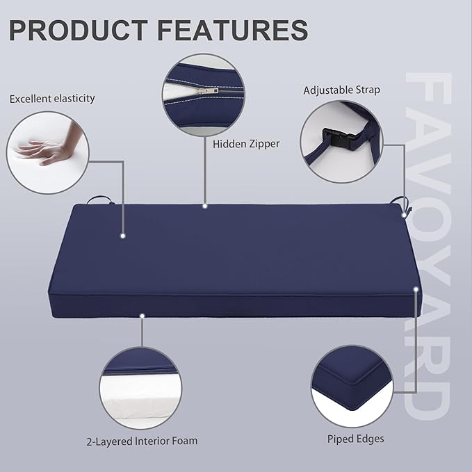 Favoyard Outdoor Bench Cushion 59 x 18 Inch Waterproof Patio Furniture Cushions 3-Year Color Fastness Garden Sofa Settee Couch Swing Pads with Handle and Adjustable Straps, Blue