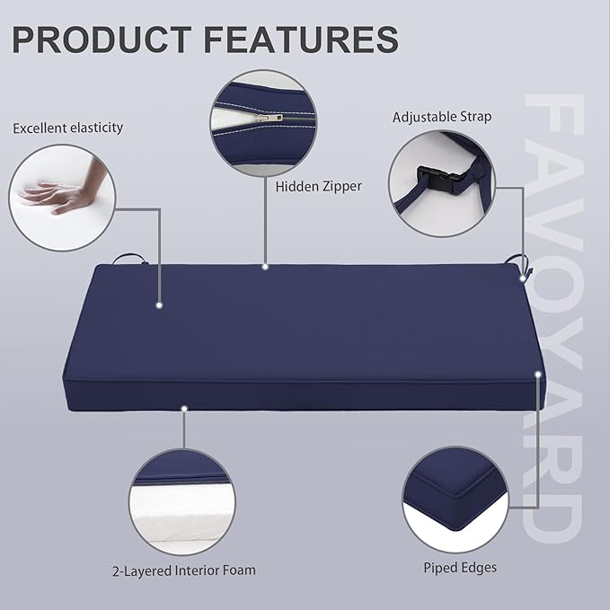 Favoyard Outdoor Bench Cushion 45 x 18 Inch Waterproof Patio Furniture Cushions 3-Year Color Fastness Garden Sofa Settee Couch Swing Pads with Handle and Adjustable Straps, Blue
