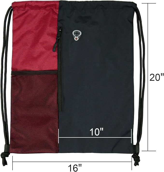 BeeGreen Bright Red Drawstring Backpack Gym Bag For Men & Women – Sports Sackpack with Mesh Water Bottle Holder & 2 Zippered Pockets – Large 16x20 Inch Cinch String Backpack