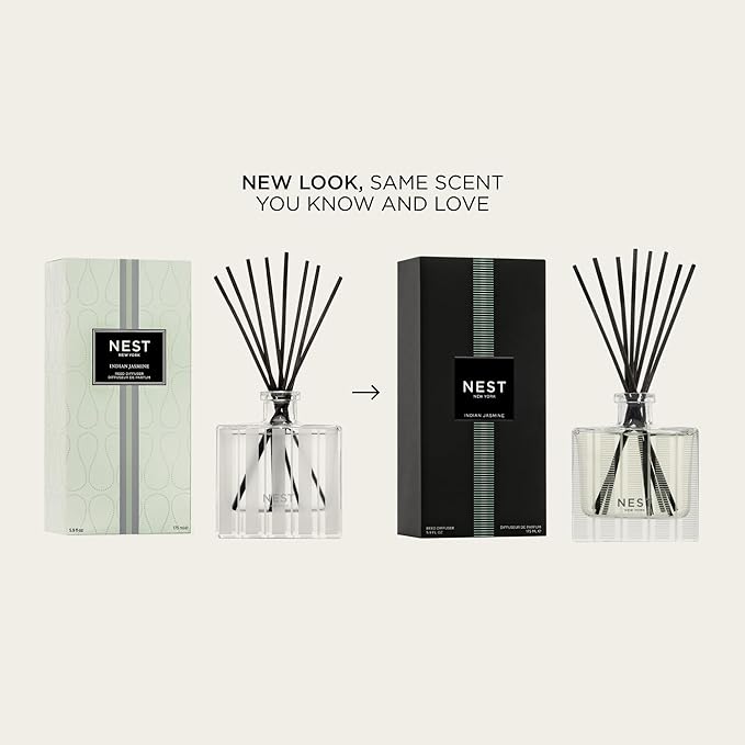 NEST New York Reed Diffuser, Indian Jasmine - 5.9 fl oz - Fragrance for Up to 90 Days - Reusable, Refillable Glass Holder - Includes 8 All-Natural Reed Sticks - Flame Free