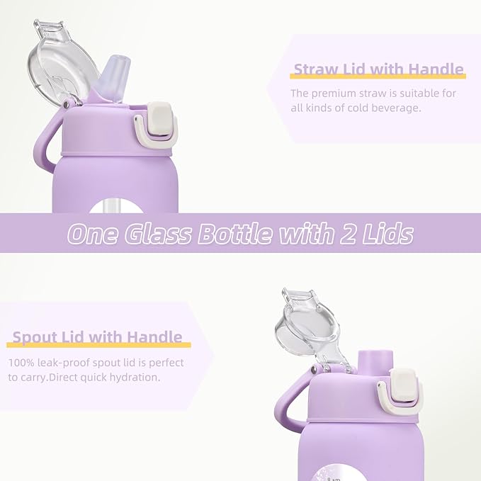 32 oz Glass Water Bottle with 2 Lids-Handle Spout Lid & Straw Lid, 1 Liter Motivational Borosilicate Water Bottle with Time Marker and Silicone Sleeve,Leakproof-Purple-1 Pack
