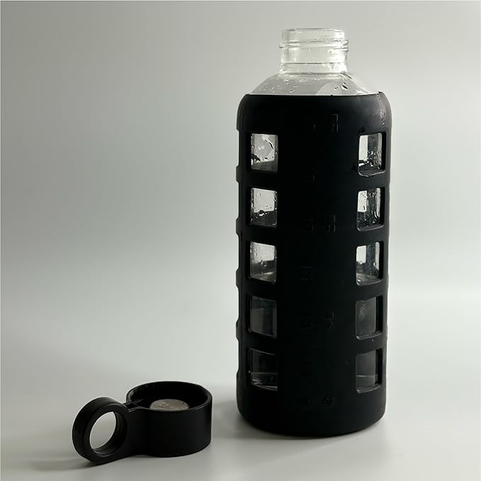 purifyou 40oz / 32oz / 22oz / 12oz Borosilicate Glass Water Bottle with Time & Volume Markers, Silicone Sleeve, Stainless Steel Lid | Reusable Glass Bottle for Water & Juice (22oz Jet Black)