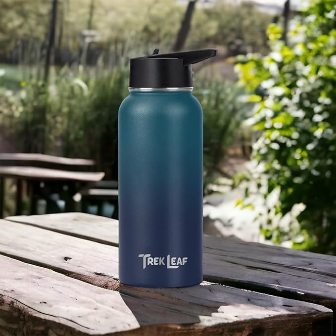 Travel Water Bottle with Carrying Bag, 3 Lids (Spout, Straw, Flip), and Bottle Brush; Leak Proof, Quality, Vacuum Insulated, Stainless Steel (Deep Water, 32 oz)