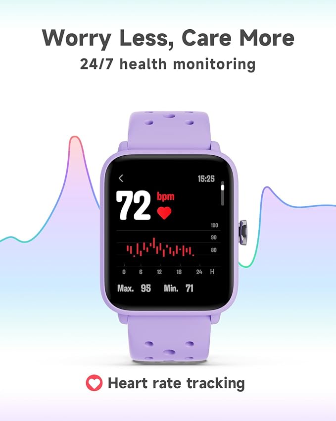 BIGGERFIVE Smart Watch for Kids Without APP, Fitness Tracker Watch Pedometer, Heart Rate, 5ATM Waterproof, Sleep Monitor, Calorie Step Counter, Games, Alarm Clock for Girls 5-14, Porous Lilac