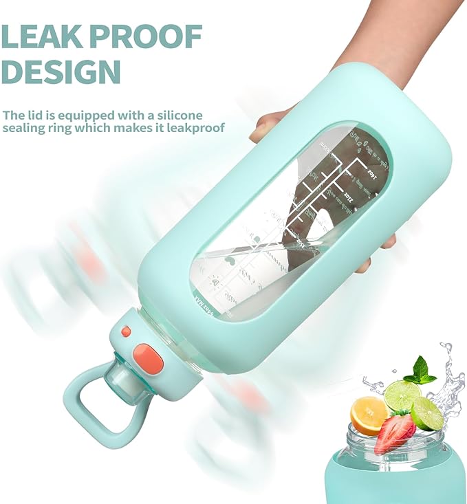 SIEROZUR 42 oz Glass Water Bottle with Straw and Handle, Large Sports Motivational Water Bottle Flask with Time Marker Leakproof Water Jug with Silicone Sleeve for Gym