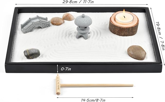 Calming Zen Garden, Zen Gift Set for Desk Office Decor Stress Relief Relaxation Gift Stone Zen Garden Kit for Home Meditation Mindfulness Gifts