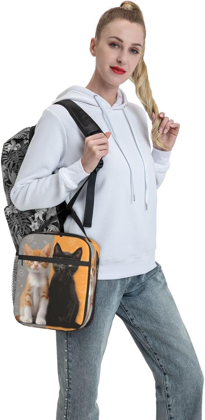 Insulated Lunch Box for Women Men, Yellow and Black Cat Lunch Box Reusable Portable Lunch Bag Cooler Tote Waterproof Lunch Container for Office Picnic Work Travel Hiking