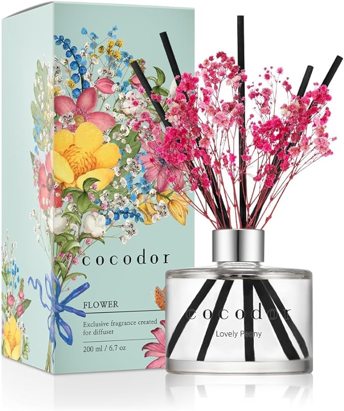 COCODOR Flower Reed Diffuser Set / 6.7oz / Lovely Peony/Scent Diffuser with Sticks Home Fragrance Reed Diffuser for Bathroom Shelf Decor