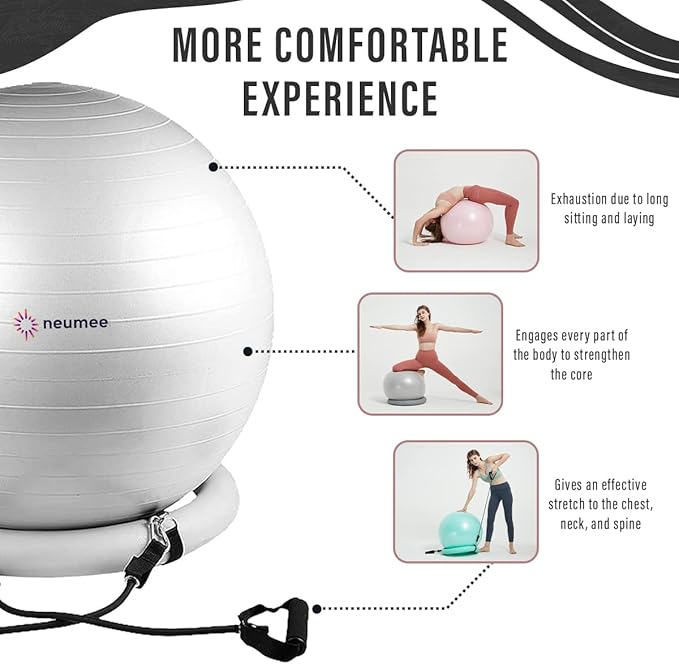 Exercise Ball Chair with Resistance Bands, Yoga Ball Office Chair with Stability Base for Home Gym, Workout Ball for Fitness, Large Size 65 cm