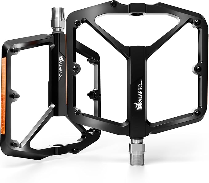 Flat Bike Pedals with Reflectors CNC Aluminium 9/16” – MTB Pedals with Extra Wide Platform and Removable Anti-Slip Pins – Lightweight Pedals for Mountain Bike & Road Bike 294 g