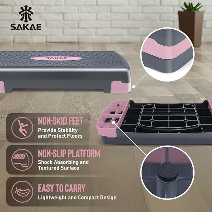 SAKAE Step Aerobics Platform Set with Kettlebell & Measuring Tape, Aerobic Steppers for Exercise at Home, Adjustable Height 2 Level Risers Workout Step Trainer with Non-Slip Surface, Multiple Colors