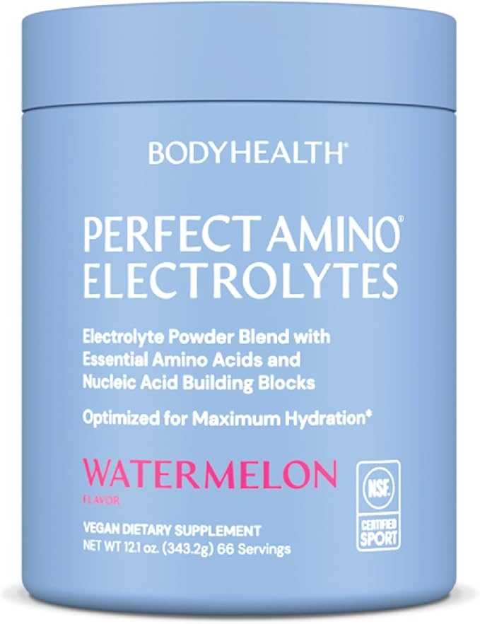 BodyHealth PerfectAmino Electrolytes Powder No Sugar, Hydration Fasting Keto Zero Sugar Electrolytes Drink Mix with Trace Minerals - NSF Certified for Sport - Watermelon - 66 Servings