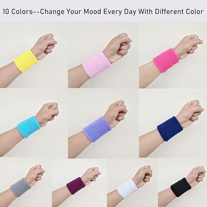 10 Pair Sweat Bands for Wrists,Tennis Wristband Absorbing Cotton Terry Cloths Arm Sweat Bands for Women Men Wrist Band for Football Basketball, Running