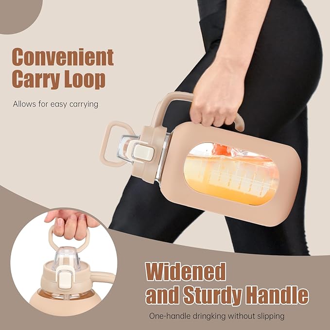 64 oz Glass Water Bottle with Straw and Handle Half Gallon Water Jug with Silicone Sleeve Large Water Bottle for Office, Gym, Outdoor Sports