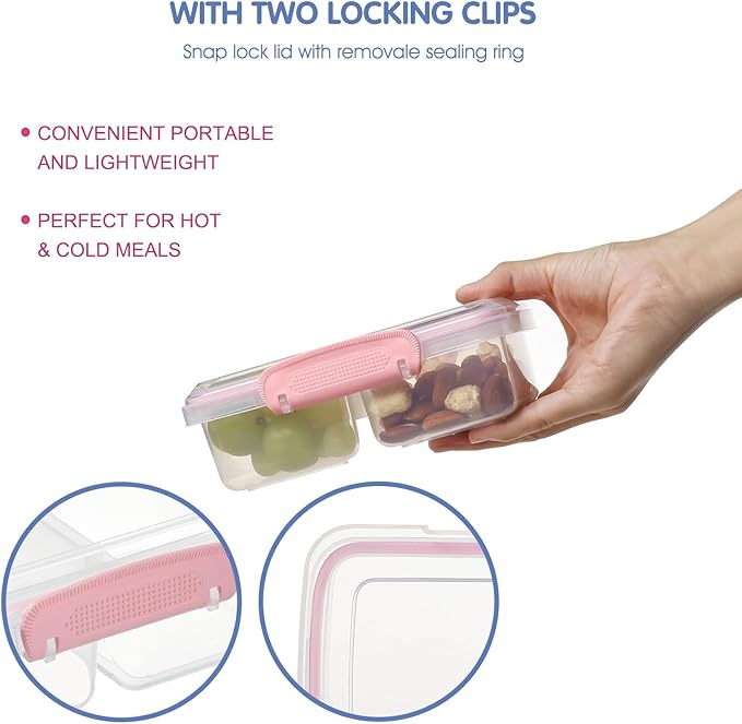4 Pack Plastic Snack Containers with Lids, 2 Compartment Food Container for Kids Snack Box, Travel Bento Lunch Containers with forks for Fruits/Candies, Divided Food Storage Containers for School